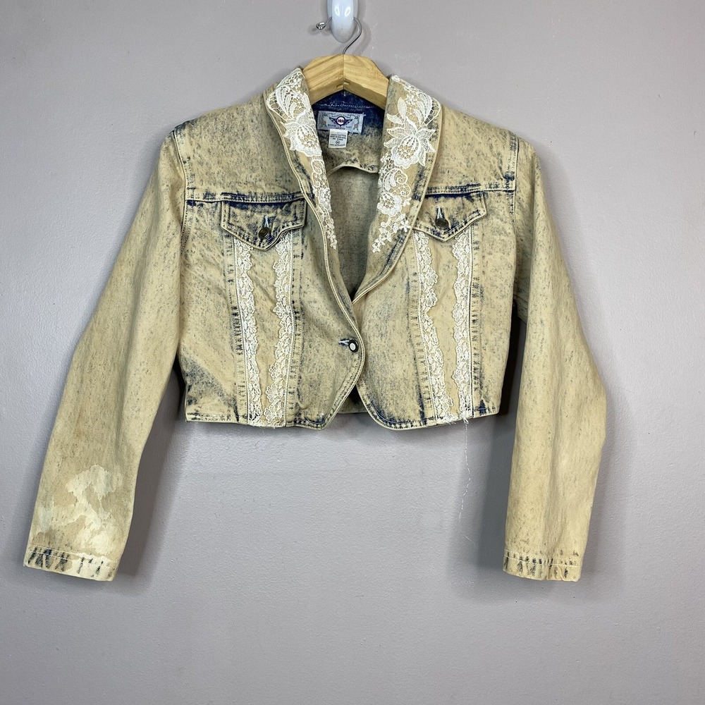 Vintage IOU Jacket Yellow Acid Wash Denim Crop‎ 80s 90s Womens Size M